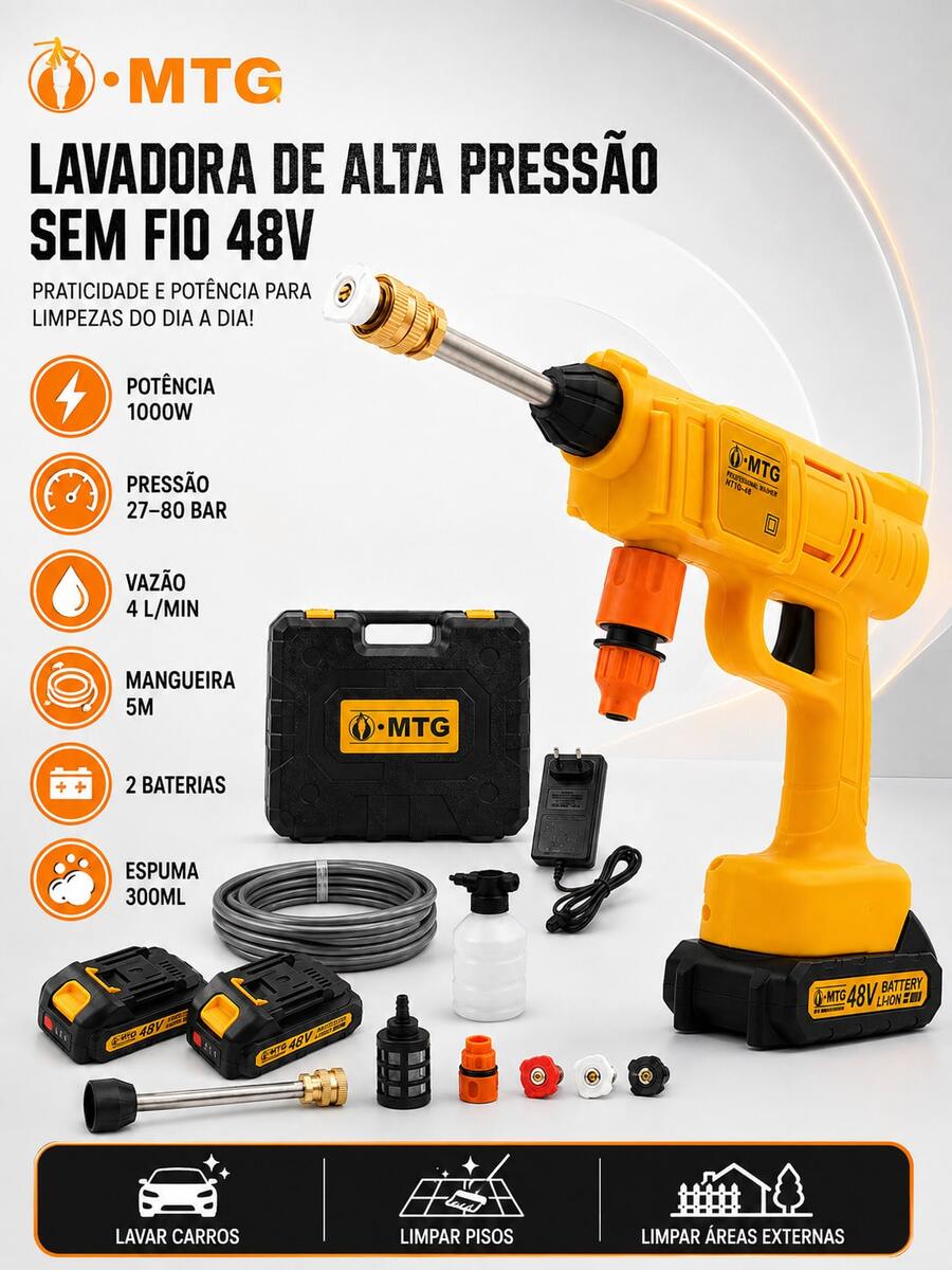 Kit Lavadora de Alta Pressão Sem Fio MTG 48V 1000W com 2 Baterias, Pistola Lava Jato Portátil Recarregável, Mangueira 5m, Maleta e Acessórios para Carros e Jardim - Amarelo - Visão 1