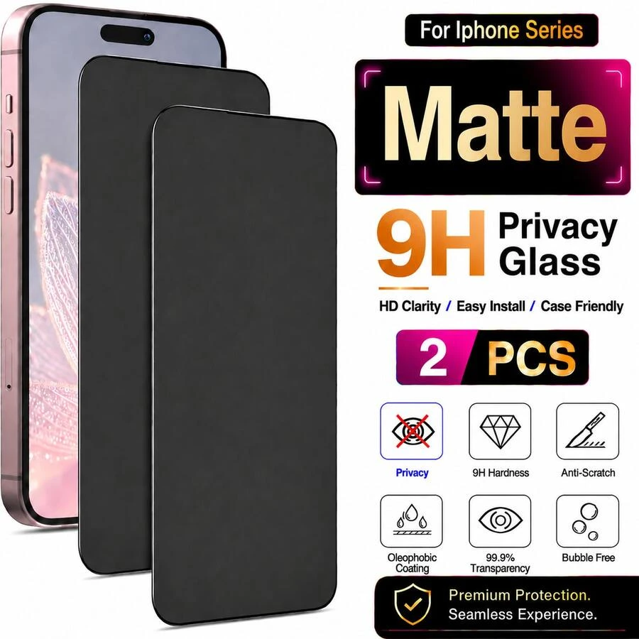 2PCS Matte Privacy Tempered Glass Screen Protector For IPhone 17 Pro Max/16 Pro Max/16 Plus/15 Pro/15 Pro Max/14/13/12/11 Series, 9H Frosted Anti-Spy Glass Shield, Full Screen Privacy Protection Film, Soft Matte Anti-Glare Surface, HD Clear Display, Fingerprint Resistant Coating, Scratch Resistant Layer, Smooth Touch Response, Slim Case Friendly Design - Black - View 1