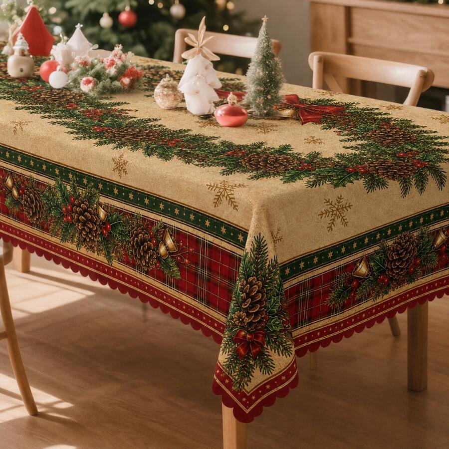 1pc Christmas Party Tablecloth, Reindeer, Holly, Bow Pattern, Rectangular And Round Optional, Pine Branch And Snowflake Print Polyester Tablecloth, Suitable For Holiday Dining Room, Christmas Party, Winter Home Decor - Multicolor - View 1