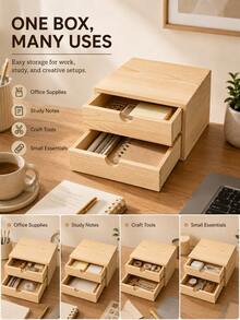 1/2pcs Minimalist Wood Grain Rectangular Natural Wood Color Double-Layer Drawer Desktop Storage Box With Semi-Circular Handle Detail, Suitable For Stationery, Jewelry, Notes, Documents, Cards, Small Items Organization, Office, Study, Bedroom, Dorm, Back To School, New Home Gift, Crescent-Shaped Handle Double Drawer Multi-Functional Desktop Layered Storage Pine Wood Drawer Storage Box Home Vanity - View 11