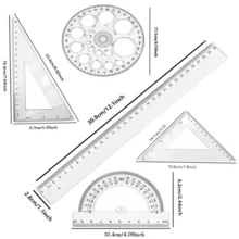 Juego de 5 piezas de reglas de geometría matemática, transportador, triángulo escolar, transparente | Herramientas de geometría de plástico transparente para dibujo, incluye transportadores, triángulos, regla recta, juego de dibujo redondo para clase de matemáticas y hogar - Conjuntos - Ver 2