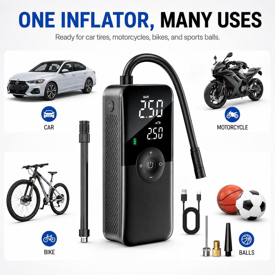Carsun Portable Air Pump 150 PSI Dual Screen Wireless Digital Display Auto Shut-Off Hidden Storage Box LED Light SOS Red Light Car Accessories Women's Style