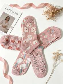5 Pairs Floral Print Ruffle Mid-Calf Socks Black & White Mixed Pattern Women's Socks Set - B - View 2