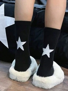 Kaos Kaki Wanita Bergaris Motif Bintang, Gaya Jalanan Warna Kontras Hitam Putih - A - View 3