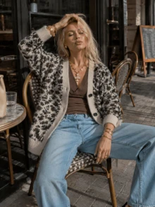 New Autumn/Winter Women's Casual Minimalist Leopard Print V-Neck Cardigan Sweater Jacket - Khaki - View 3