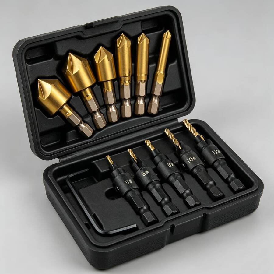 Set Mata Bor Countersink HSS 12 buah, 6mm-19mm, dengan Shank Hex 1/4", Penggantian Cepat, Kompatibel dengan Perkakas Listrik, untuk Membuat Chamfer pada Kayu, Plastik, dan Logam Lunak dalam Proyek Perakitan dan Pengolahan di Rumah - 6+6 mata bor - View 1