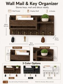 1pc Wall Mounted Key Holder Organizer Shelf, Minimalist Wooden Entryway Storage Rack With Hooks For Keys Mail Accessories And Decor Display, Suitable For Foyer Hallway Apartment Home, All Season - Multicolor - View 2