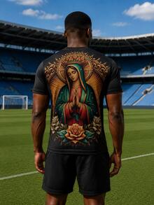 Men's Black Mexican Virgin Mary Jersey, Our Lady Of Guadalupe Rose Floral Pattern, Customizable Name, Number And Team Logo, Comfortable, Gift, Sports/Street/Casual - Black - View 3