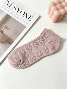 5 Pairs Floral Print Ruffle Mid-Calf Socks Black & White Mixed Pattern Women's Socks Set - B - View 6