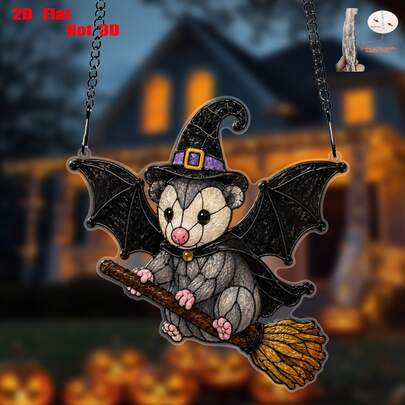 Cute Bat Opossum Riding Broom Acrylic Hanging Ornament, Stained Glass Sun Catcher, Halloween Garden Yard Window Decor, Patio Holiday Hanging Decoration (2D Flat, Not 3D)