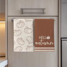 2件裝復古棕色咖啡 Hello Autumn 極簡線條南瓜圖案廚房毛巾，40*60cm 柔軟超細纖維材質茶巾，適用於居家廚房、餐廳、戶外露營桌面清潔抹布、手巾配件，復古秋季主題廚房毛巾節日禮物 - 彩色 - 查看 4