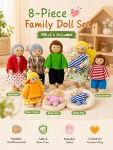 8pcs Set Posable Wooden Dollhouse Figures, Mini Family Dolls With Flexible Limbs, Suitable For Role Play DIY Scenes, Home Decor Creative Gift - Multicolor - View 2