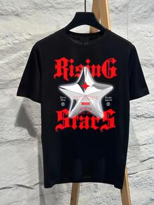 3D Chromes Rising Star Gothic Graphic T-Shirt For Men And Teens, Retro Old English Font Print, Dark Vintage Streetwear Style ESTD 2024, Casual Punk - Black - View 1