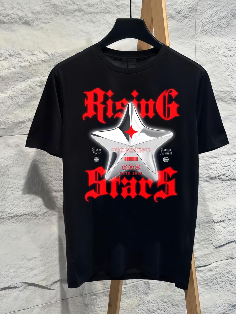 3D Chromes Rising Star Gothic Graphic T-Shirt For Men And Teens, Retro Old English Font Print, Dark Vintage Streetwear Style ESTD 2024, Casual Punk - Black - View 1
