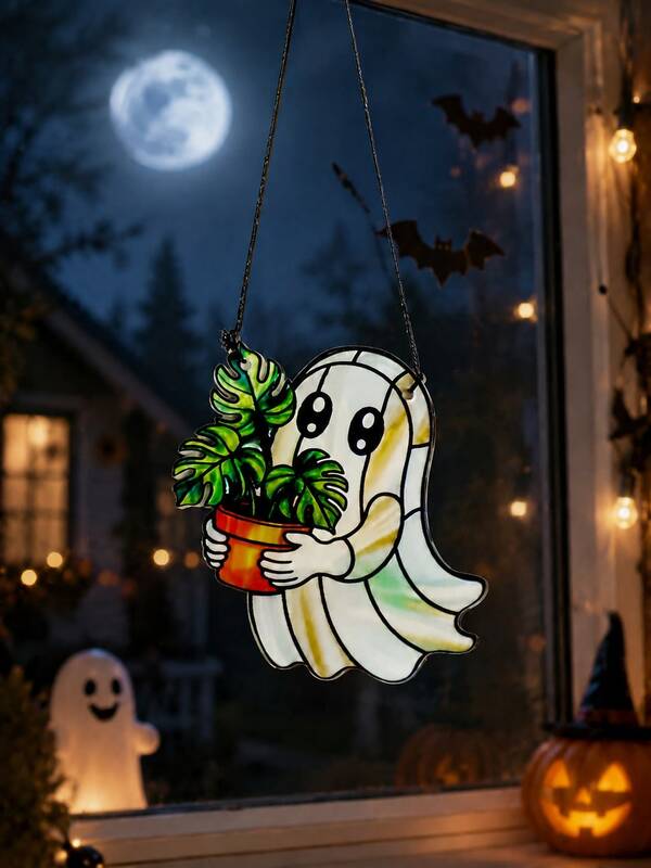 1pc Halloween Ghost Hanging Decoration Window Hanging Ornament Cute Ghost Light-Catching Decor Halloween Holiday Home Decoration Party Decoration Supplies Indoor And Outdoor Seasonal Decor Suitable For Halloween Celebrations Gift