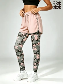 mulinsen Women's Double Layer Sports Leggings, Camouflage Print Drawstring Waist Quick Dry Shorts, Jogging Fitness Daily Workout Wear - Pink - View 3