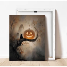 1pc Canvas Wall Art With Frame, Vintage Dark Academia Style Halloween Decor, Glowing Pumpkin Lantern, Black Cat, Cute Ghost, Twisted Autumn Withered Tree, Dark Atmosphere Oil Painting Print Poster, Quirky Country Farmhouse Dark Aesthetic Decorative Hanging Painting, Suitable For Modern Home Decor, Room Decor, Dorm Decor - Pumpkin - View 4