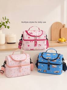 Large Capacity Double Layer Insulated Lunch Bag, Cute Cartoon Print, Adjustable Shoulder Strap, Portable Student Bento Bag, Suitable For Back To School, Classroom, Travel, Camping, Beach, Holiday Essentials, Gift For Girls And Women, Travel Essentials, Room Decor - Multicolor - View 4