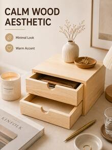 1/2pcs Minimalist Wood Grain Rectangular Natural Wood Color Double-Layer Drawer Desktop Storage Box With Semi-Circular Handle Detail, Suitable For Stationery, Jewelry, Notes, Documents, Cards, Small Items Organization, Office, Study, Bedroom, Dorm, Back To School, New Home Gift, Crescent-Shaped Handle Double Drawer Multi-Functional Desktop Layered Storage Pine Wood Drawer Storage Box Home Vanity - View 10