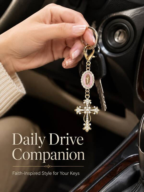 1pc Virgin Mary Cross Keychain, Alloy Rhinestone & Pearl Religious Pendant, Universal Charm For Car Keys, Handbags And Backpacks