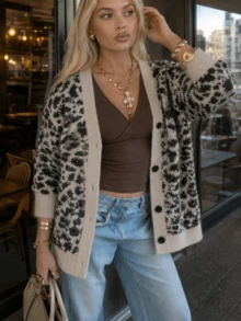 New Autumn/Winter Women's Casual Minimalist Leopard Print V-Neck Cardigan Sweater Jacket - Khaki - View 2