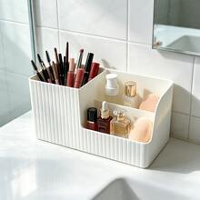 Cream White Vertical Stripe Multi-Compartment Cosmetic Storage Box, INS Style Desktop Makeup Organizer, Vanity Lipstick Makeup Brush Eyebrow Pencil Makeup Storage Basket, Plastic Divided Design, Large Capacity Can Store Various Makeup Small Items, Suitable For Bedroom Vanity, Bathroom Countertop, Simple Space-Saving, Practical Home Makeup Storage Organizer For Women - View 8
