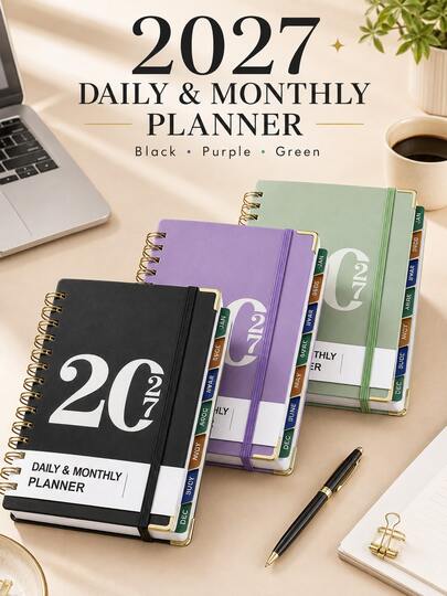 2027 Minimalist Classic Black Purple Green Planner Notebooks Gold Spiral Binding Elastic Band Daily Monthly Planner For Schedule Notes Goals Office Study New Year Planning Back To School Birthday Graduation Season Plans.Back To School Essentials