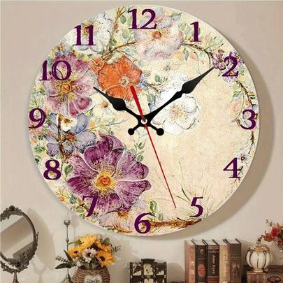 2D,1PC, 10-12in,Vintage Watercolor Floral Print Wall Clock Silent Non Ticking Battery Operated Round Decorative Quartz Clock For Living Room Bedroom Kitchen Home Office Aesthetic Art Decor Clock Easy To Read ,Room Decor,Office D