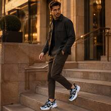 Men's Colorblock Thick Sole Chunky Sneakers Black Blue White Multi-Material Patchwork Low-Top Lace-Up Sneakers Layered Design Casual Style Suitable For Daily Shopping Commuting Travel Light Outdoor Wear Multi-Size Available All-Season Versatile Men's Casual Thick Sole Sneakers - Black Blue White - View 6