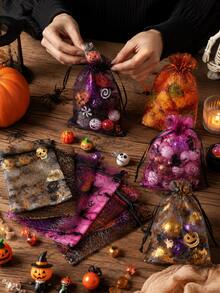 50pcs Halloween Organza Gift Bags With Drawstring Mesh Candy Bags, Pumpkin And Spider Web Pattern, Suitable For Halloween Party Gifts - Organza Bag - View 7