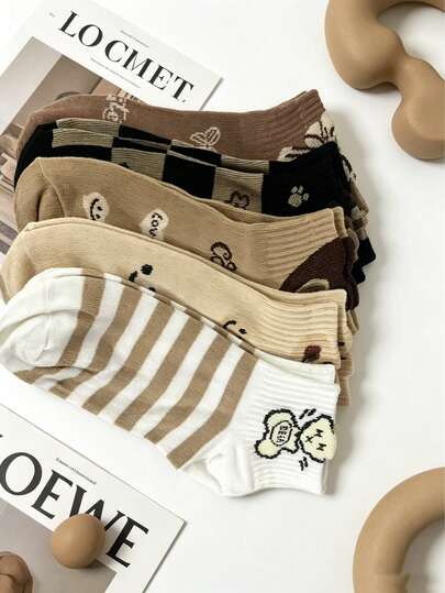 5 Pairs Coffee Tone Bear Pattern Women's Casual Short Leg Warmers Set, Plaid & Striped Mixed Pattern