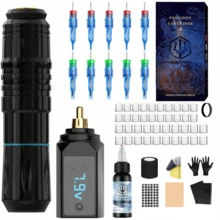 Poseidon 無線紋身筆套組 紋身槍套組 附 1200mAh 可充電電池 紋身機套組 含 10 支針筒針頭及其他紋身用品 適合初學者與紋身師 - 黑色 - 查看 1