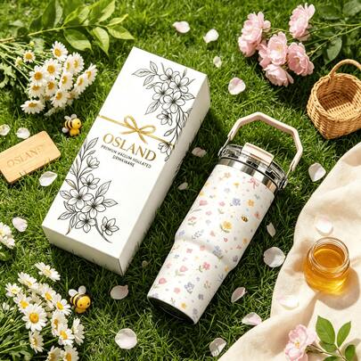 1pc/5pcs 30oz Pastel Floral Stainless Steel Tumbler With Handle And Straw, Colorful Small Flower And Bee Prints, Leak-Proof Flip Lid, Suitable For Travel, Work, Fitness And Daily Outdoor Use.