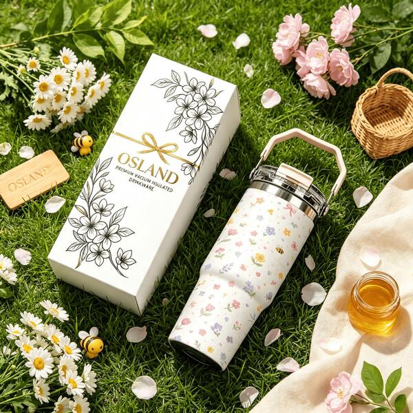 1pc/5pcs 30oz Pastel Floral Stainless Steel Tumbler With Handle And Straw, Colorful Small Flower And Bee Prints, Leak-Proof Flip Lid, Suitable For Travel, Work, Fitness And Daily Outdoor Use.