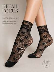 Star Pattern Sheer Lace Mid-Calf Socks With Fan-Shaped Trim See-Through Mesh Women's Socks - A - View 4