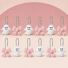 12Pcs Pink Bow & White Ghost Shower Curtain Hooks, Cute Halloween Decorative Shower Curtain Rings, Metal Bathroom Accessories For Fall Home Decor - Multicolor - View 6