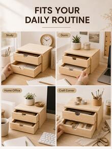 1/2pcs Minimalist Wood Grain Rectangular Natural Wood Color Double-Layer Drawer Desktop Storage Box With Semi-Circular Handle Detail, Suitable For Stationery, Jewelry, Notes, Documents, Cards, Small Items Organization, Office, Study, Bedroom, Dorm, Back To School, New Home Gift, Crescent-Shaped Handle Double Drawer Multi-Functional Desktop Layered Storage Pine Wood Drawer Storage Box Home Vanity - View 8