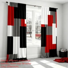 2件組現代幾何黑紅灰拼接印花窗簾，2D平面印花，透光設計，營造現代藝術氛圍。非常適合現代客廳、辦公室或任何需要增添時尚極簡風格的空間。耐用布料，易於搭配。 - 彩色 - 查看 1