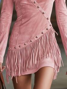 Women's Wrap V Neck Long Sleeve Fringe Mini Dress With Decorative Rivets - Pink - View 5