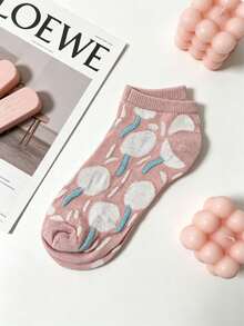 5 Pairs Floral Print Ruffle Mid-Calf Socks Black & White Mixed Pattern Women's Socks Set - B - View 5