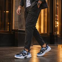 Men's Colorblock Thick Sole Chunky Sneakers Black Blue White Multi-Material Patchwork Low-Top Lace-Up Sneakers Layered Design Casual Style Suitable For Daily Shopping Commuting Travel Light Outdoor Wear Multi-Size Available All-Season Versatile Men's Casual Thick Sole Sneakers - Black Blue White - View 5