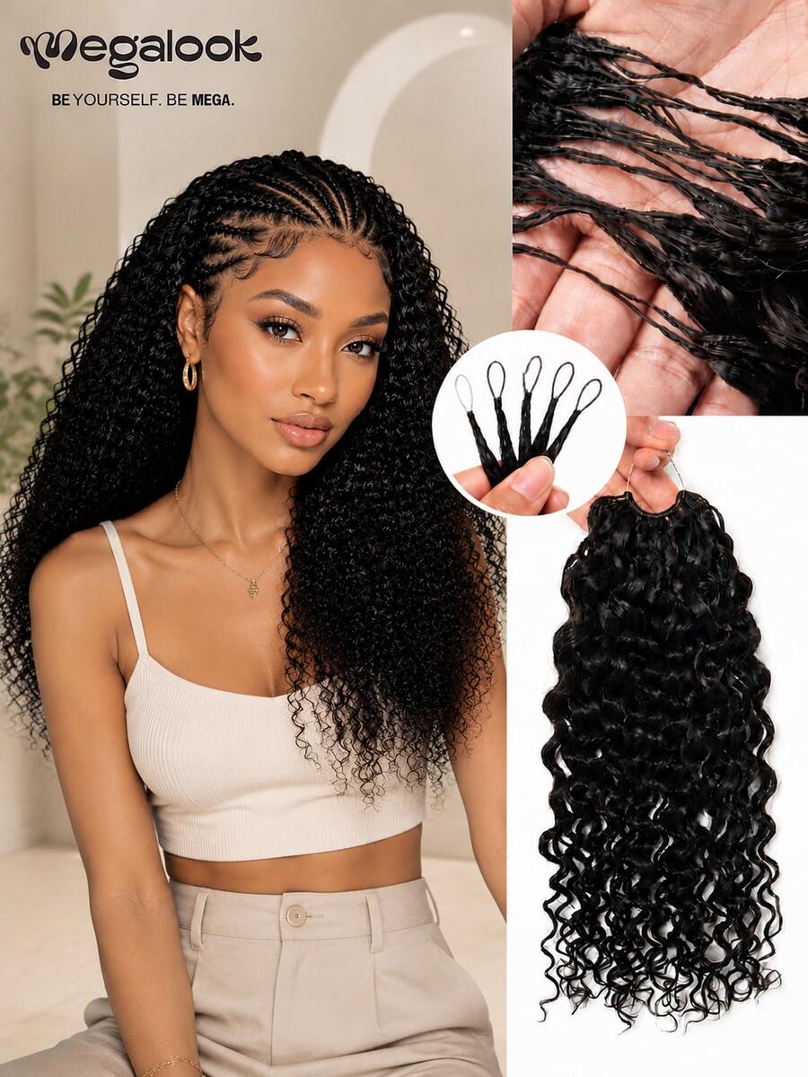 MEGALOOK Water Wave Crochet 100% Human Hair Knotless Pre-Looped Machine Woven Feather Crochet Human Hair Bundles Invisible Hair Extensions Natural Black Beginner Friendly - SNatural - View 1