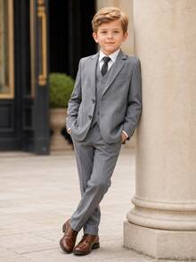 New Boys' Suit Set, Flower Boy Wedding Outfit, Performance Costume, British Style Boys' Performance Suit 3 Pieces Set, Suit Jacket And Pants - Grey - View 2