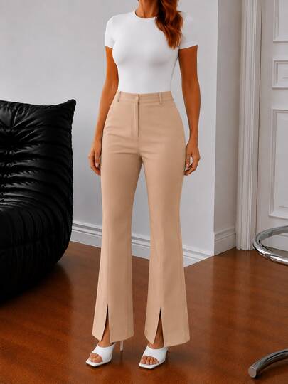 Women's Plus Size Beige Trousers With Zippered Hem And Elastic Back Waist Pants