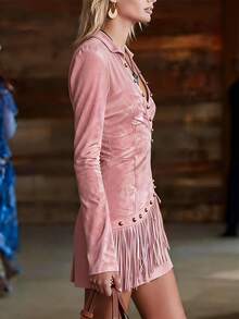 Women's Wrap V Neck Long Sleeve Fringe Mini Dress With Decorative Rivets - Pink - View 3