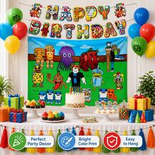 Roblox 16件組遊戲主題生日裝飾套裝，耐用輕量懸掛裝飾，大尺寸派對背景布與字母橫幅，鮮豔多色卡通像素生物圖案，室內牆面裝飾，男孩像素遊戲生日拍照道具 - A - 查看 7