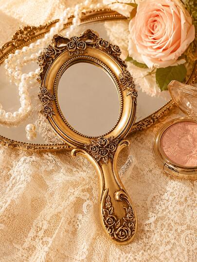 1pc Gold Vintage Handheld Makeup Mirror, Suitable For Birthday, Graduation, Mother's Day, Special Occasions, Parents Gift, Housewarming, Home Decor, Back To School, Student Supplies, Portable Makeup Mirror