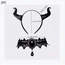 2-Piece Devil Costume Accessory Set, Red-Black Gradient Devil Horn Headband + Gothic Lace Choker With Red Gemstone, Adult Dark Fantasy Role Play Outfit, Suitable For Halloween, Gothic Party And Themed Events - Multicolor - View 9