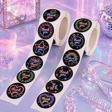 500pcs Neon Style Thank You Roll Stickers, 1 Inch, 12 Patterns Cycle, Perfect For Parcel Sealing, Creative Packaging, Viral Beverage & Dessert Labels, Holiday Party Favors, Cool Scrapbooking DIY, Market Stall Signage - Multicolor - View 5