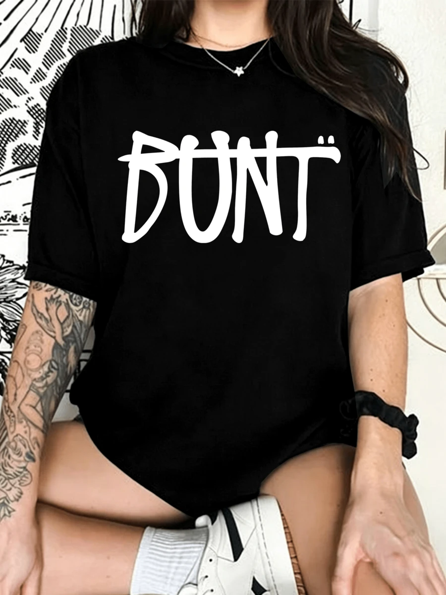 BUNT Handwritten Text Logo Graphic T Shirt, EDM Electronic Music Fans Casual Short Sleeve Tee - 黑色 - 查看 1